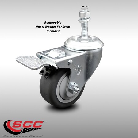 Service Caster 3 Inch SS Thermoplastic Rubber 10mm Threaded Stem Caster Total Lock Brake SCC-SSTSTTL20S314-TPRB-M1015